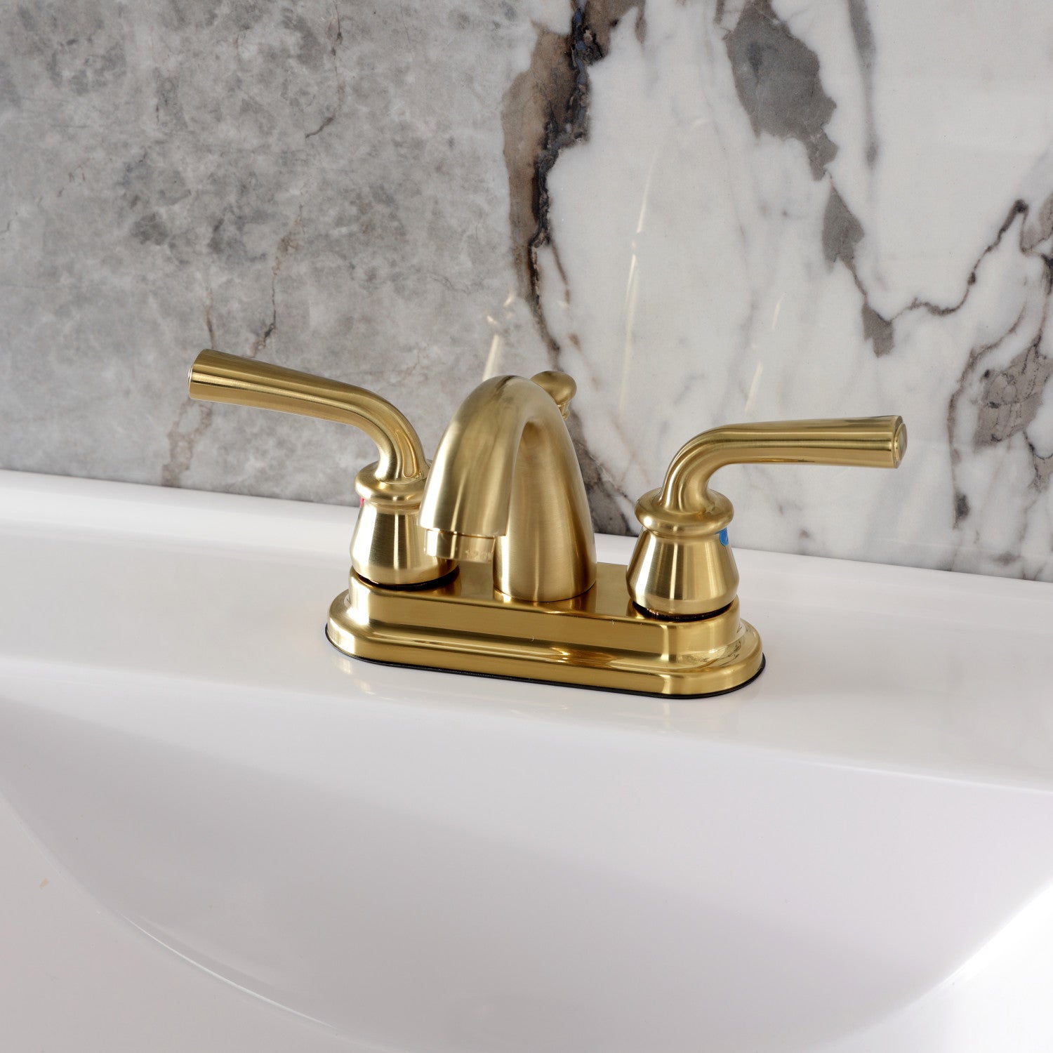 Kingston Tulare KB5617RXL - Restoration Double-Handle 3-Hole Deck Mount 4-Inch Centerset Bathroom Faucet with Pop-Up Drain, Brushed Brass — thumbnail 2