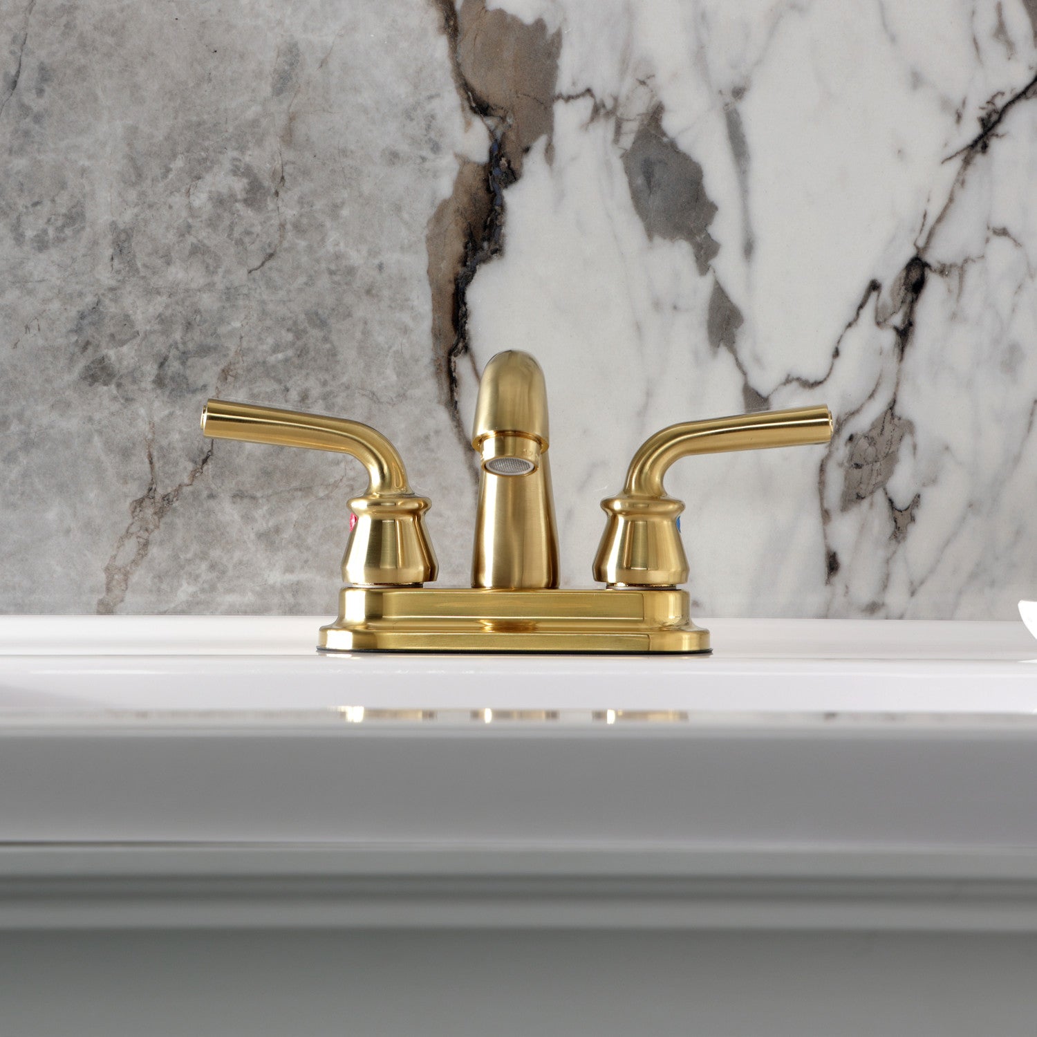 Kingston Tulare KB5617RXL - Restoration Double-Handle 3-Hole Deck Mount 4-Inch Centerset Bathroom Faucet with Pop-Up Drain, Brushed Brass — thumbnail 3