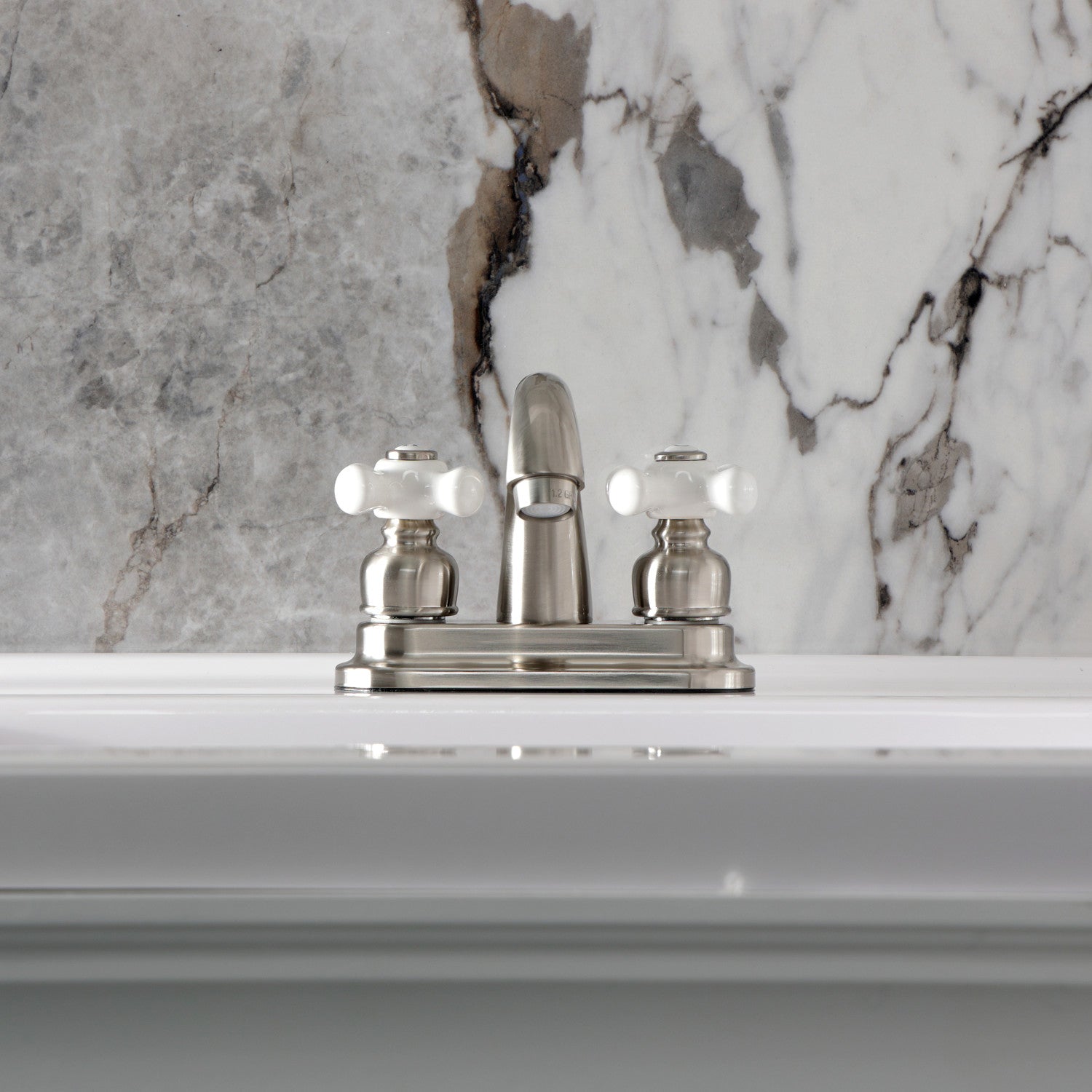 Kingston Heirloom KB5618PX - Restoration Double-Handle 3-Hole Deck Mount 4-Inch Centerset Bathroom Faucet with Pop-Up Drain, Brushed Nickel — thumbnail 3