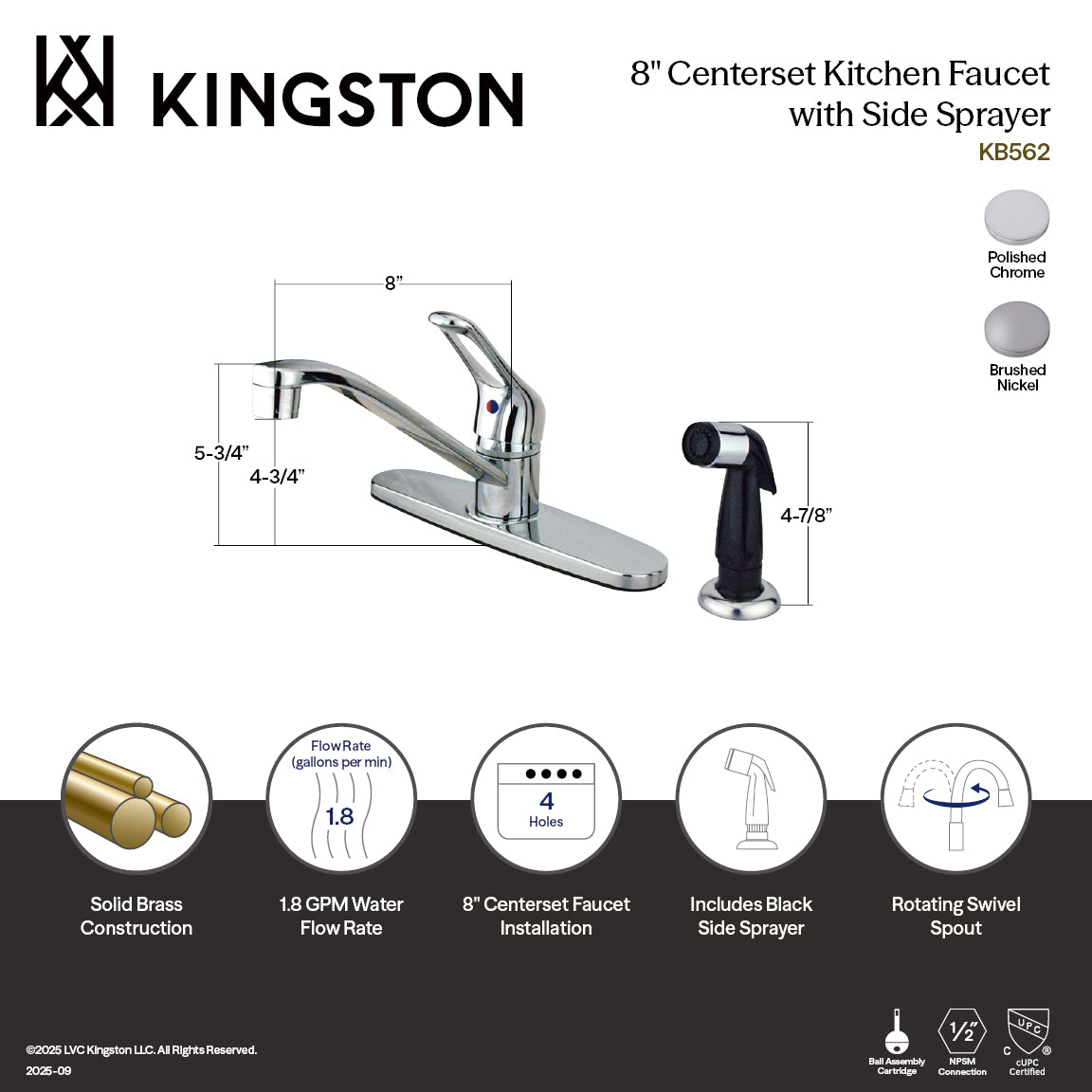 Kingston Wyndham KB562SN One-Handle 4-Hole 8" Centerset Kitchen Faucet with Side Sprayer, Brushed Nickel — thumbnail 2