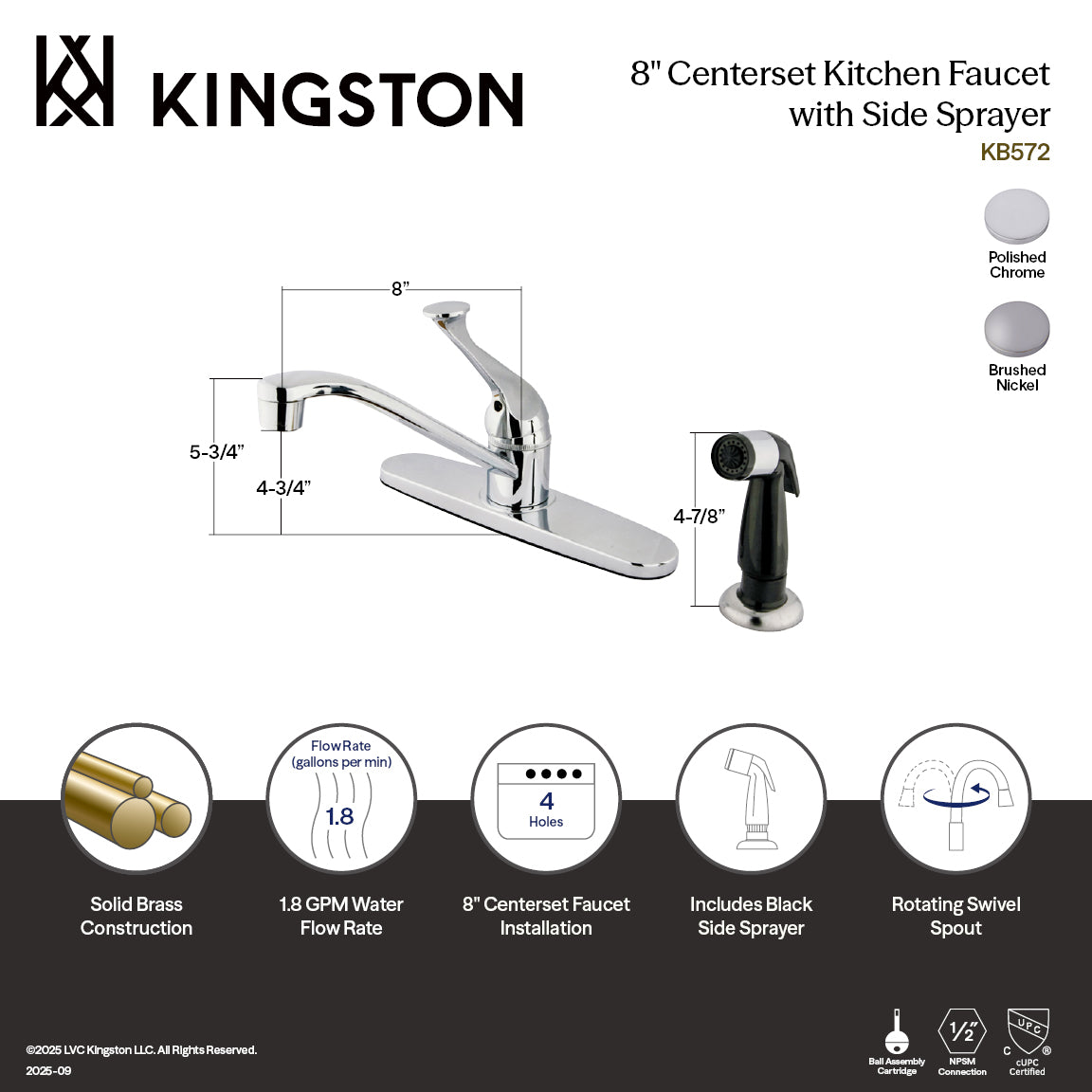 Kingston Tulare KB572 - Chatham One-Handle 4-Hole 8" Centerset Kitchen Faucet with Side Sprayer, Polished Chrome — thumbnail 2