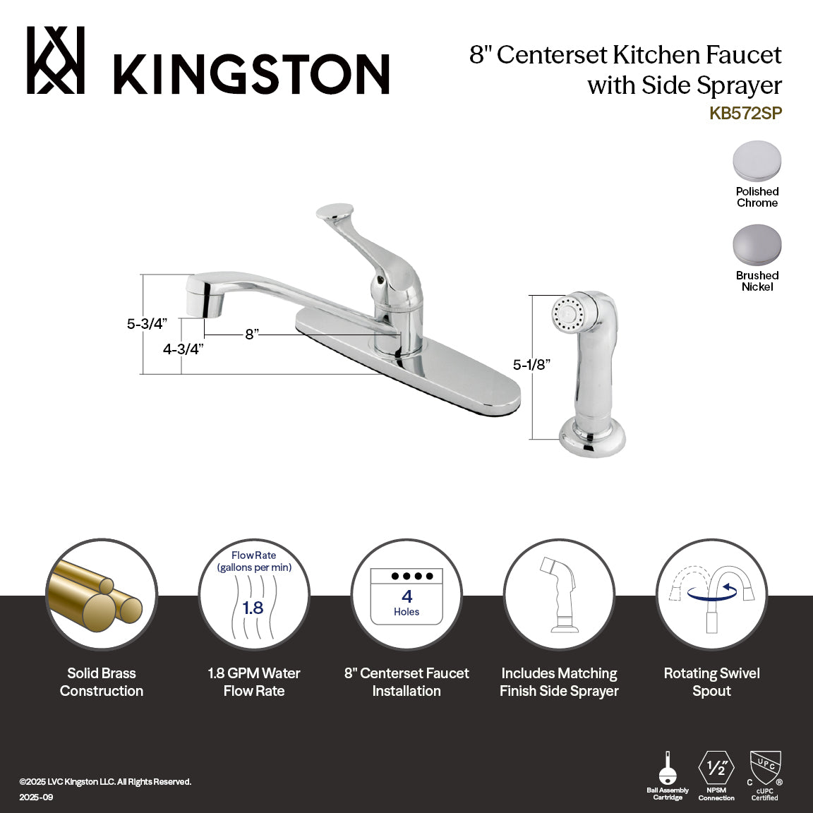 Kingston Tulare KB572SPOne-Handle 4-Hole 8" Centerset Kitchen Faucet with Side Sprayer, Polished Chrome — thumbnail 2