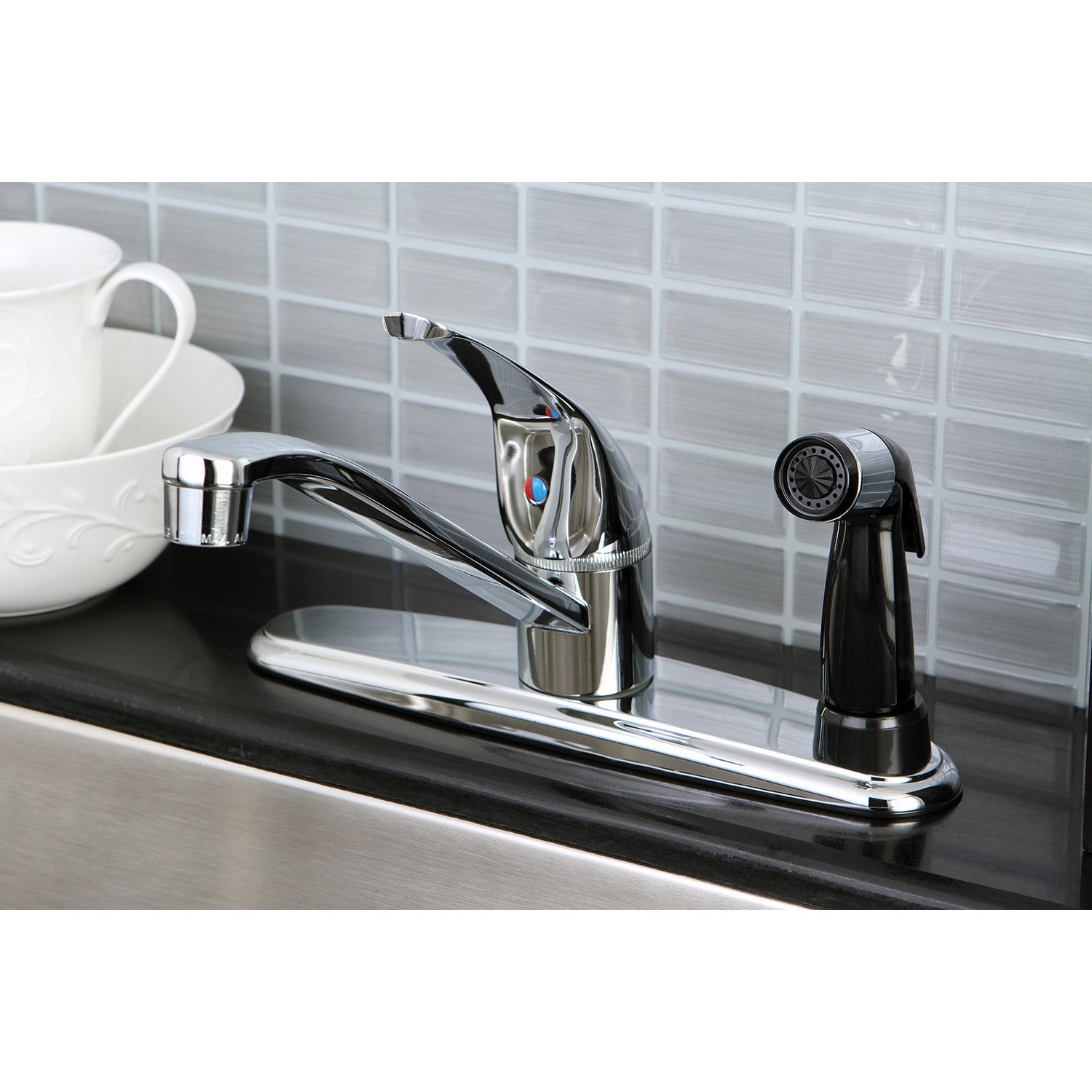 Kingston Tulare KB5730 - Chatham One-Handle 3-Hole 8" Centerset Kitchen Faucet with Side Sprayer, Polished Chrome — thumbnail 2