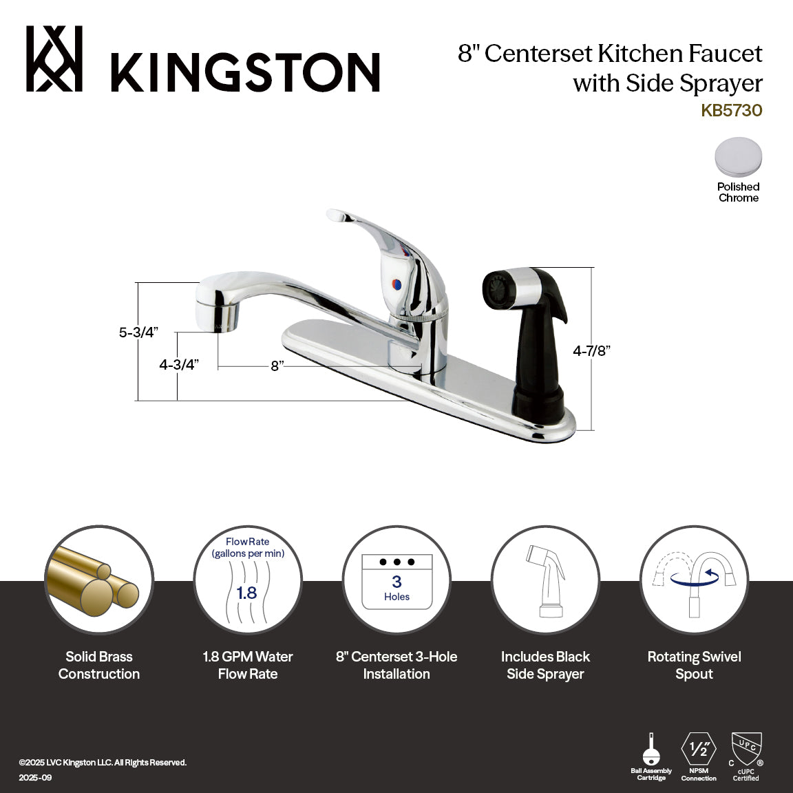 Kingston Tulare KB5730 - Chatham One-Handle 3-Hole 8" Centerset Kitchen Faucet with Side Sprayer, Polished Chrome — thumbnail 3