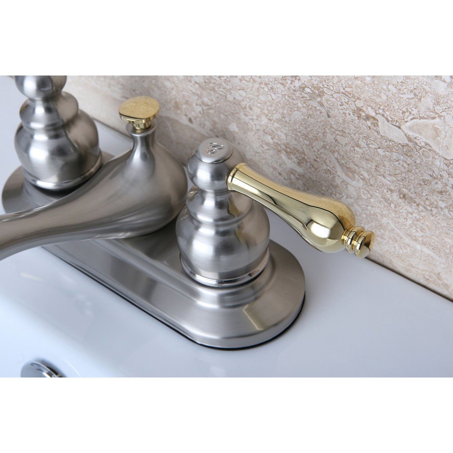 Kingston Heirloom KB609AL - Restoration Double-Handle 3-Hole Deck Mount 4-Inch Centerset Bathroom Faucet with Pop-Up Drain, Brushed Nickel/Polished Brass — thumbnail 3