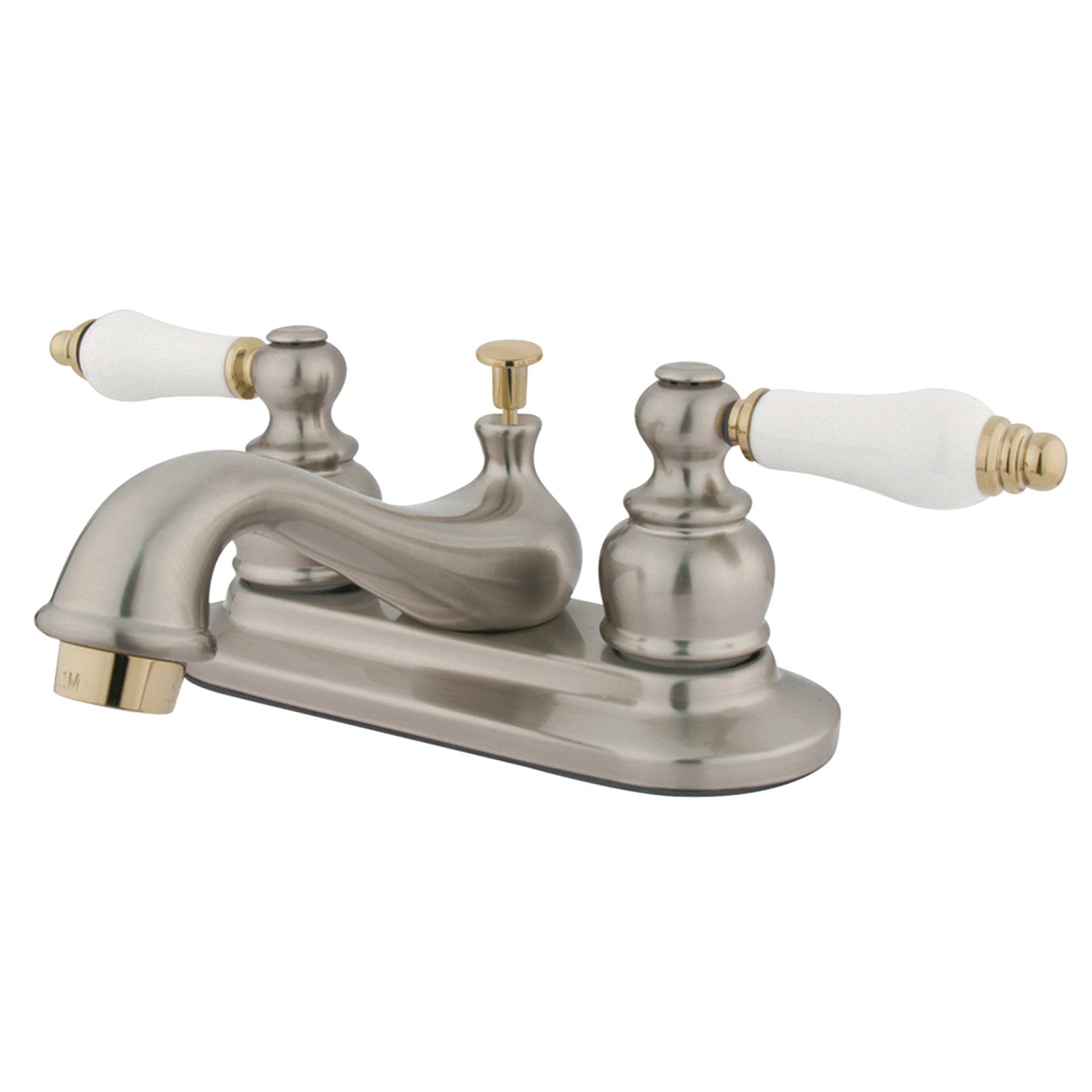 Kingston Heirloom KB609B - Restoration Double-Handle 3-Hole Deck Mount 4-Inch Centerset Bathroom Faucet with Pop-Up Drain, Brushed Nickel/Polished Brass