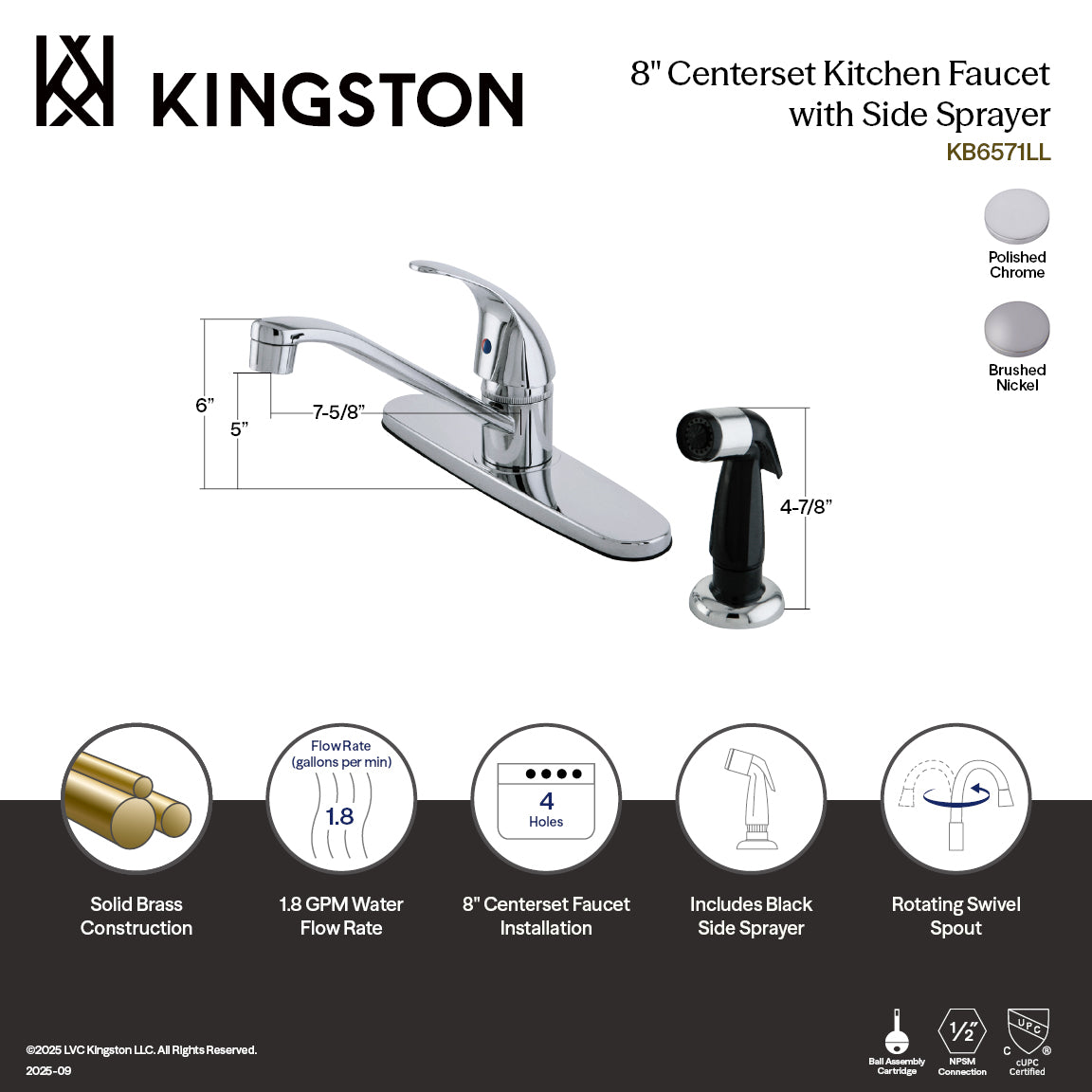 Kingston Tulare KB6571LL - Legacy One-Handle 4-Hole 8" Centerset Kitchen Faucet with Side Sprayer, Polished Chrome — thumbnail 2
