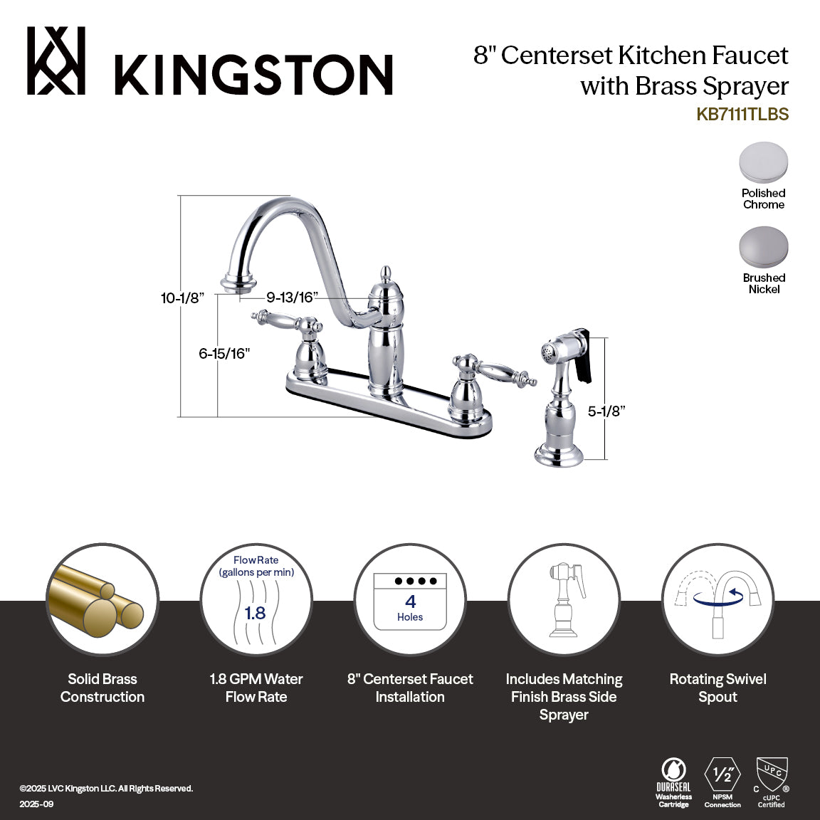 Kingston Heirloom KB7118TLBS - Templeton Two-Handle 4-Hole 8" Centerset Kitchen Faucet with Brass Sprayer, Brushed Nickel — thumbnail 2