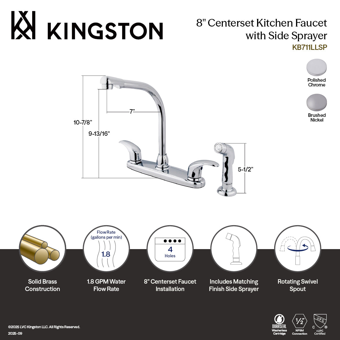 Kingston Tulare KB711LLSPTwo-Handle 4-Hole 8" Centerset Kitchen Faucet with Side Sprayer, Polished Chrome — thumbnail 2