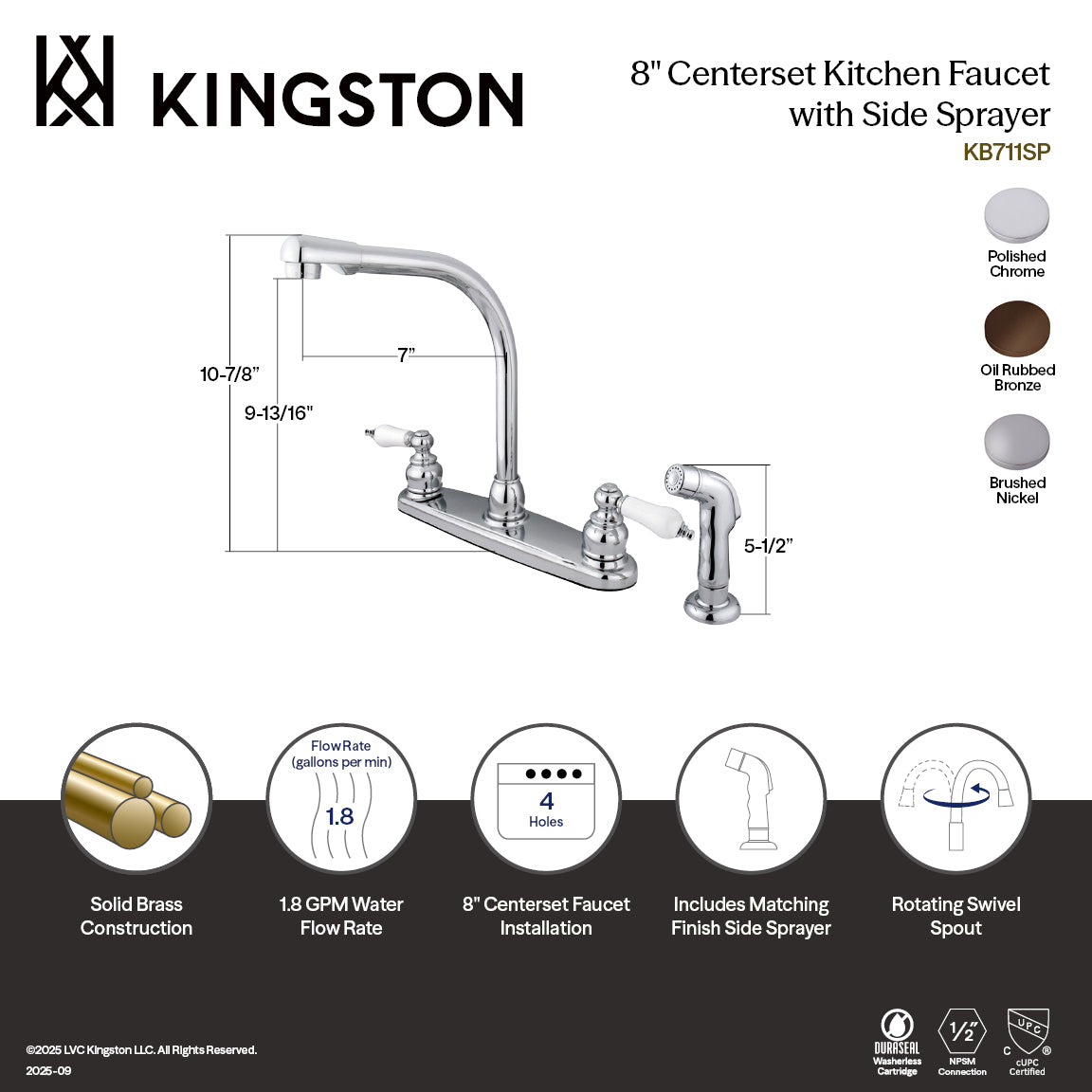 Kingston Tulare KB711SP - Victorian Two-Handle 4-Hole 8" Centerset Kitchen Faucet with Side Sprayer, Polished Chrome — thumbnail 2