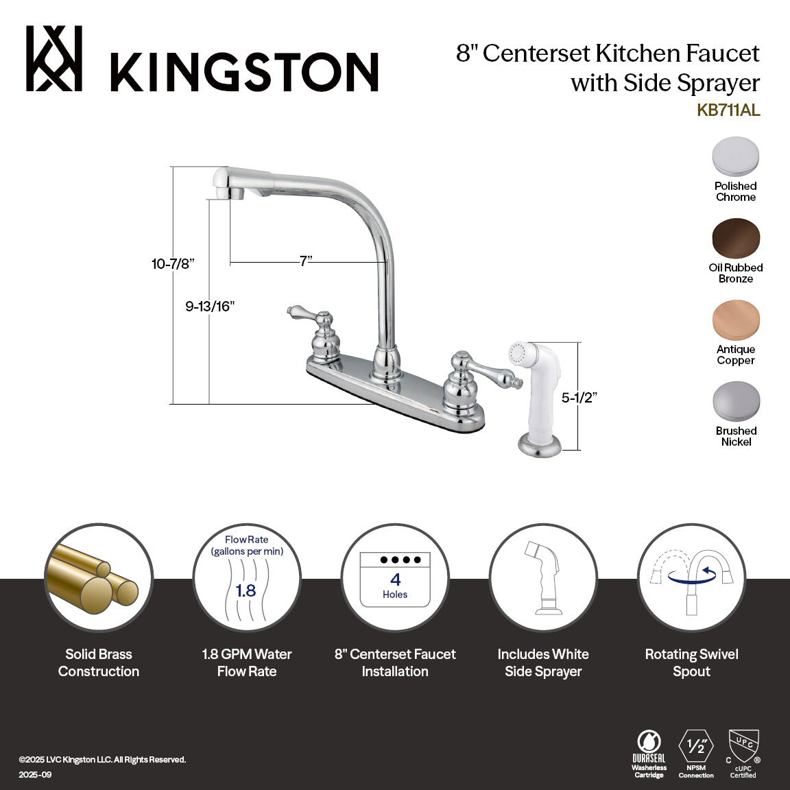 Kingston Tulare KB715AL - Victorian Two-Handle 4-Hole 8" Centerset Kitchen Faucet with Side Sprayer, Oil Rubbed Bronze — thumbnail 2