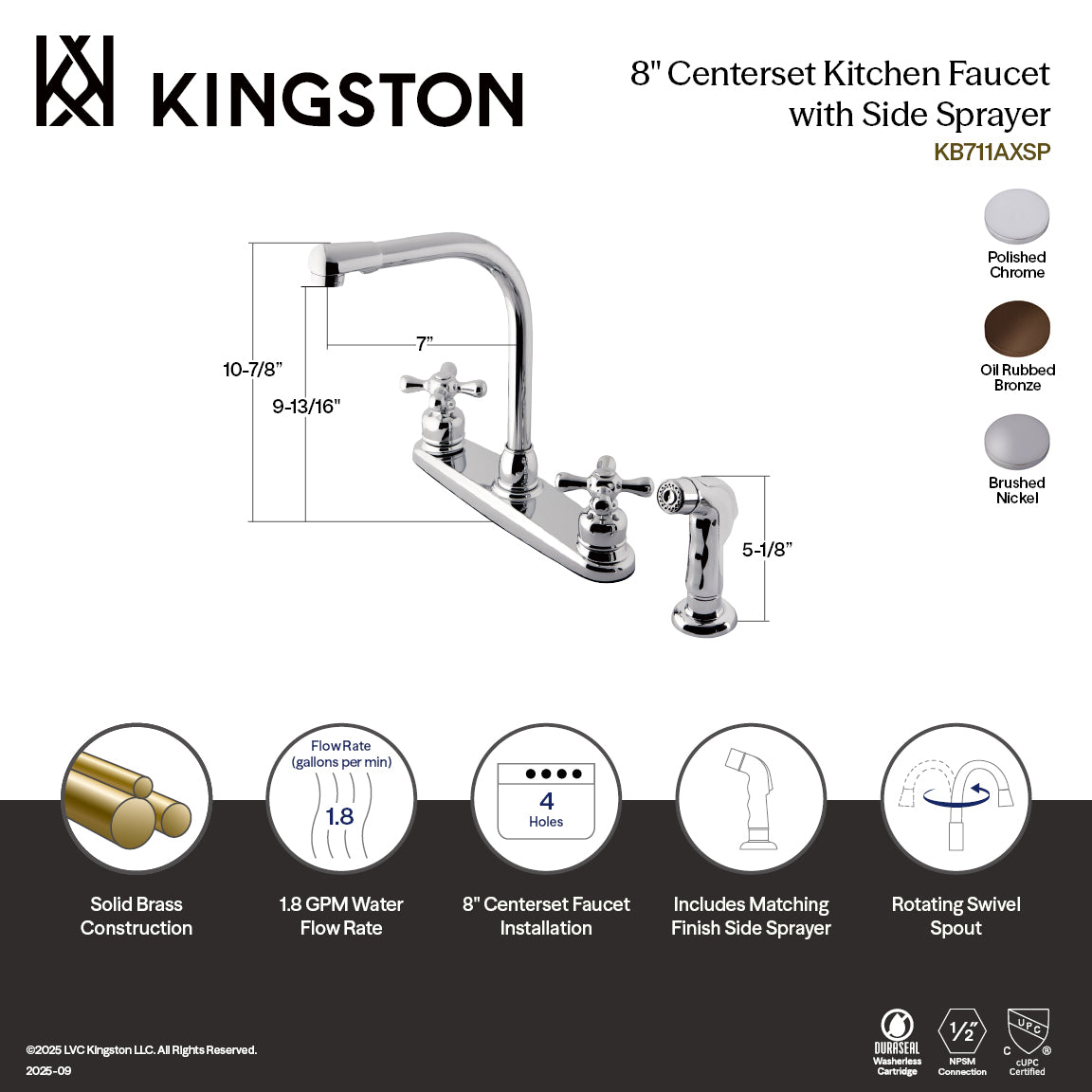 Kingston Tulare KB718AXSP - Victorian Two-Handle 4-Hole 8" Centerset Kitchen Faucet with Side Sprayer, Brushed Nickel — thumbnail 2