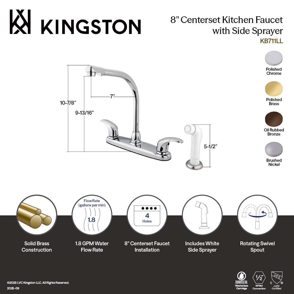 Kingston Tulare KB718LL - Legacy Two-Handle 4-Hole 8" Centerset Kitchen Faucet with Side Sprayer, Brushed Nickel — thumbnail 3