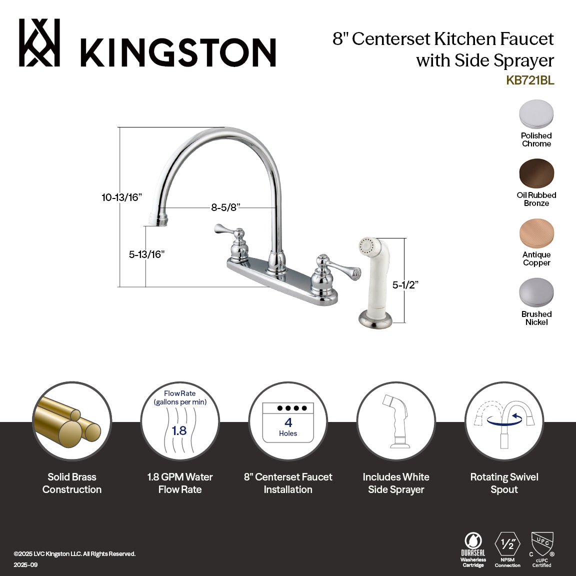 Kingston Tulare KB721BL - Vintage Two-Handle 4-Hole 8" Centerset Kitchen Faucet with Side Sprayer, Polished Chrome — thumbnail 2