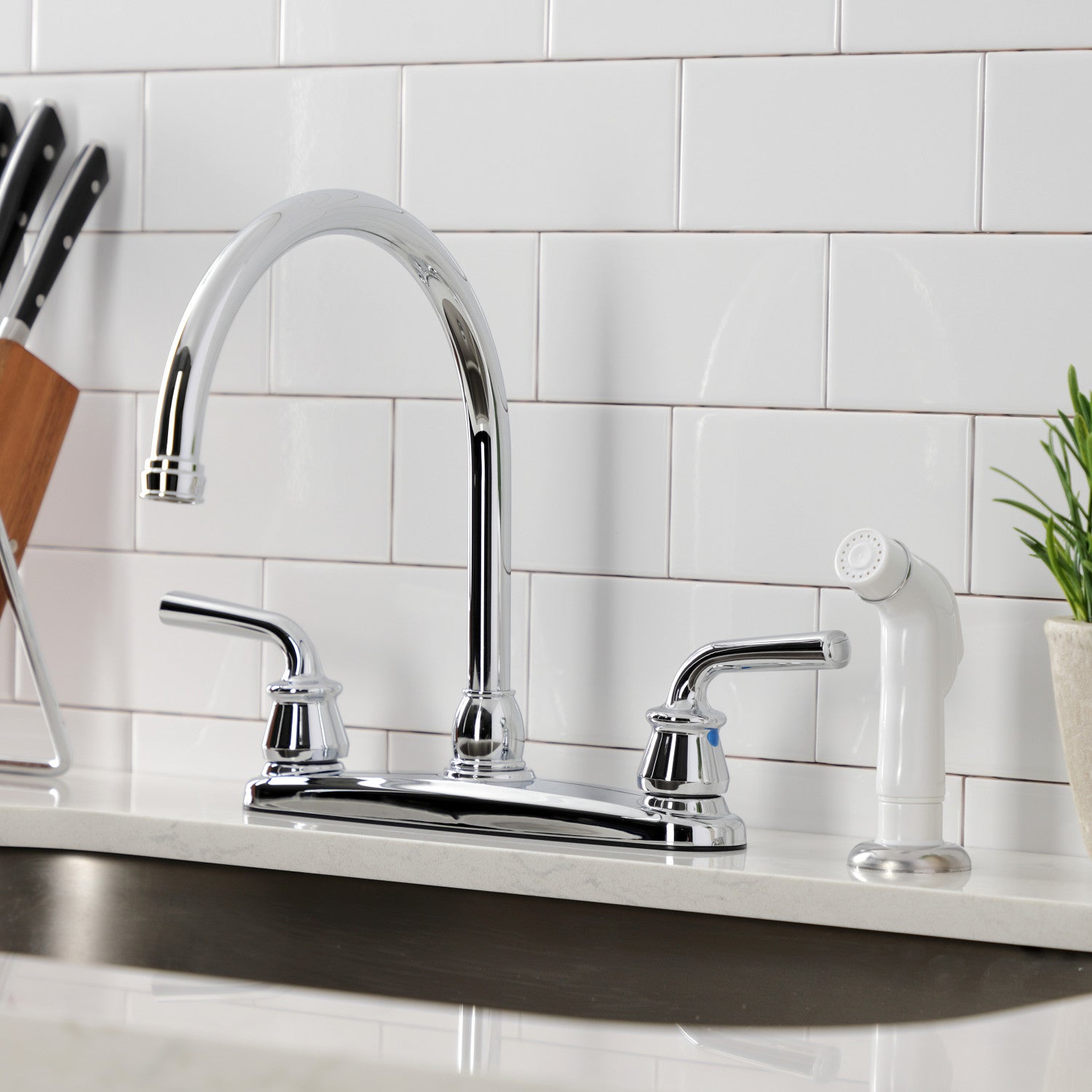 Kingston Tulare KB721RXL - Restoration Two-Handle 4-Hole 8" Centerset Kitchen Faucet with White Side Sprayer, Polished Chrome — thumbnail 3