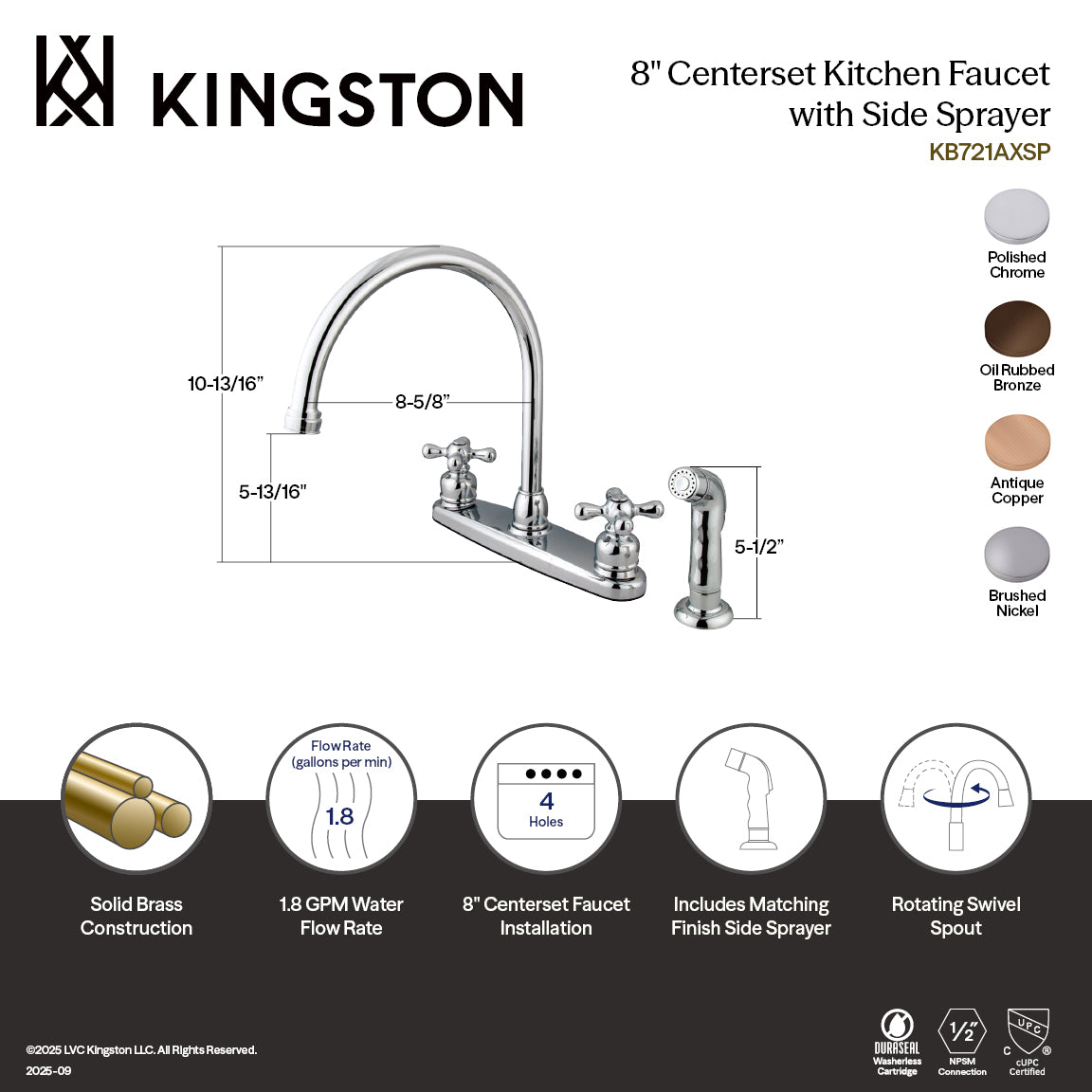 Kingston Heirloom KB725AXSP - Vintage Two-Handle 4-Hole 8" Centerset Kitchen Faucet with Side Sprayer, Oil Rubbed Bronze — thumbnail 2