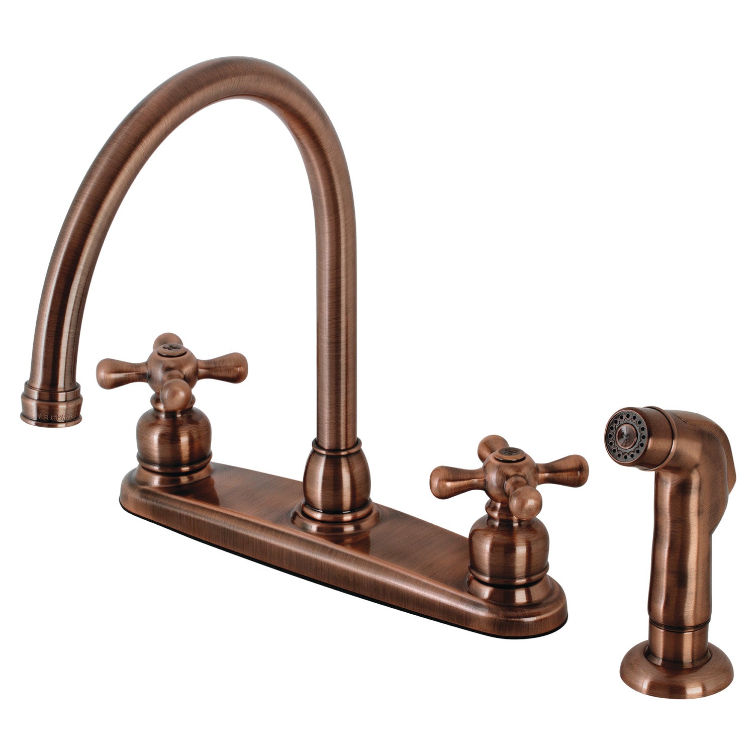 Kingston Heirloom KB726AXSP - Vintage Two-Handle 4-Hole 8" Centerset Kitchen Faucet with Side Sprayer, Antique Copper