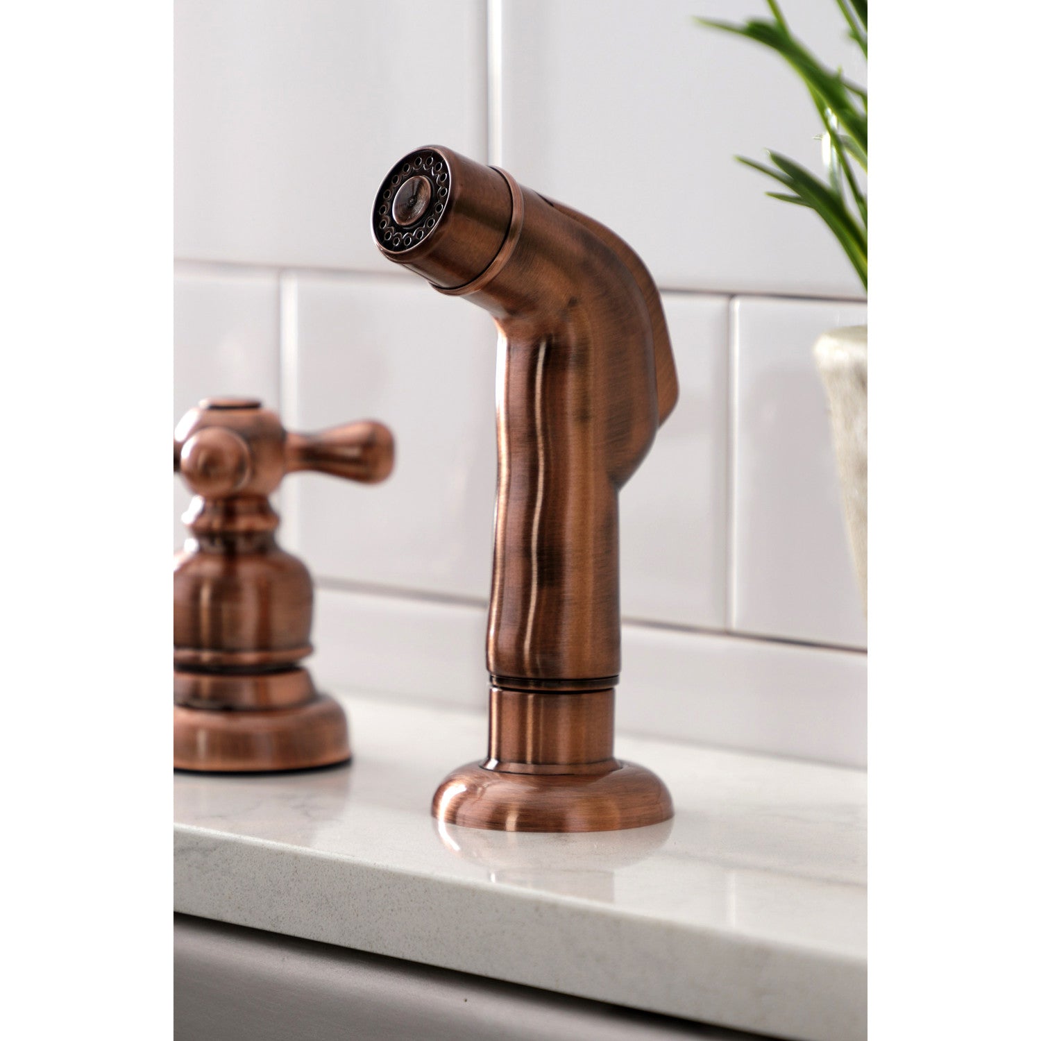 Kingston Heirloom KB726AXSP - Vintage Two-Handle 4-Hole 8" Centerset Kitchen Faucet with Side Sprayer, Antique Copper — thumbnail 3