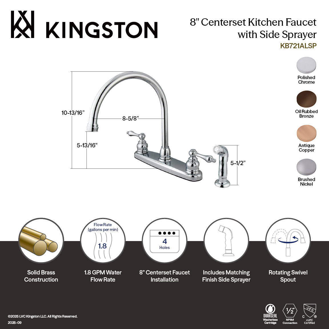 Kingston Heirloom KB728ALSP - Vintage Two-Handle 4-Hole 8" Centerset Kitchen Faucet with Side Sprayer, Brushed Nickel — thumbnail 2