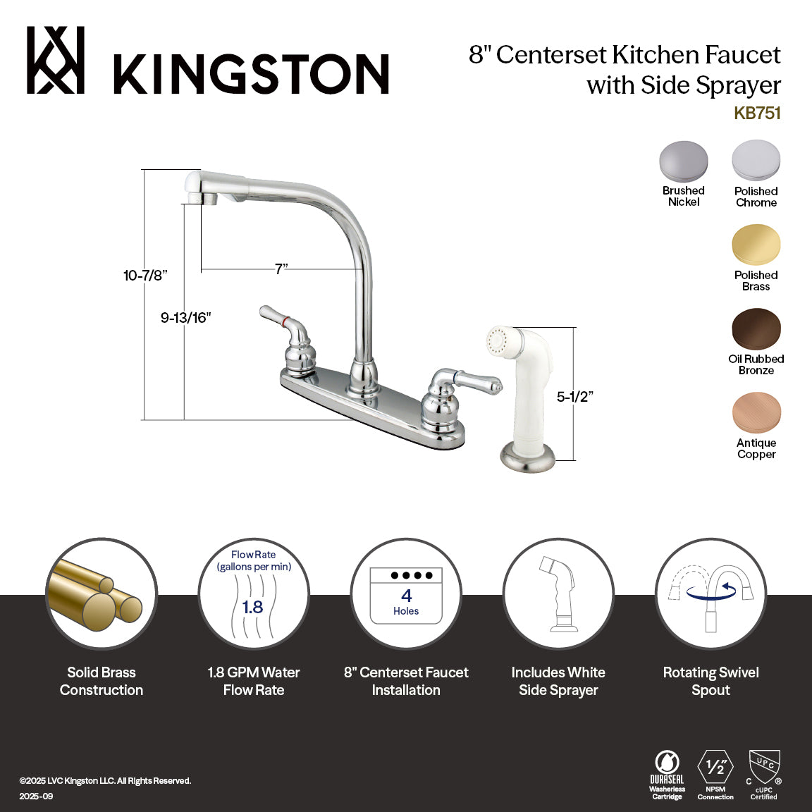 Kingston Tulare KB752 - Magellan Two-Handle 4-Hole 8" Centerset Kitchen Faucet with Side Sprayer, Polished Brass — thumbnail 2