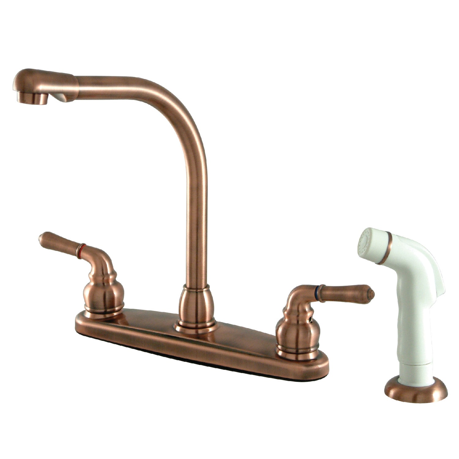 Kingston Tulare KB756 - Magellan Two-Handle 4-Hole 8" Centerset Kitchen Faucet with Side Sprayer, Antique Copper