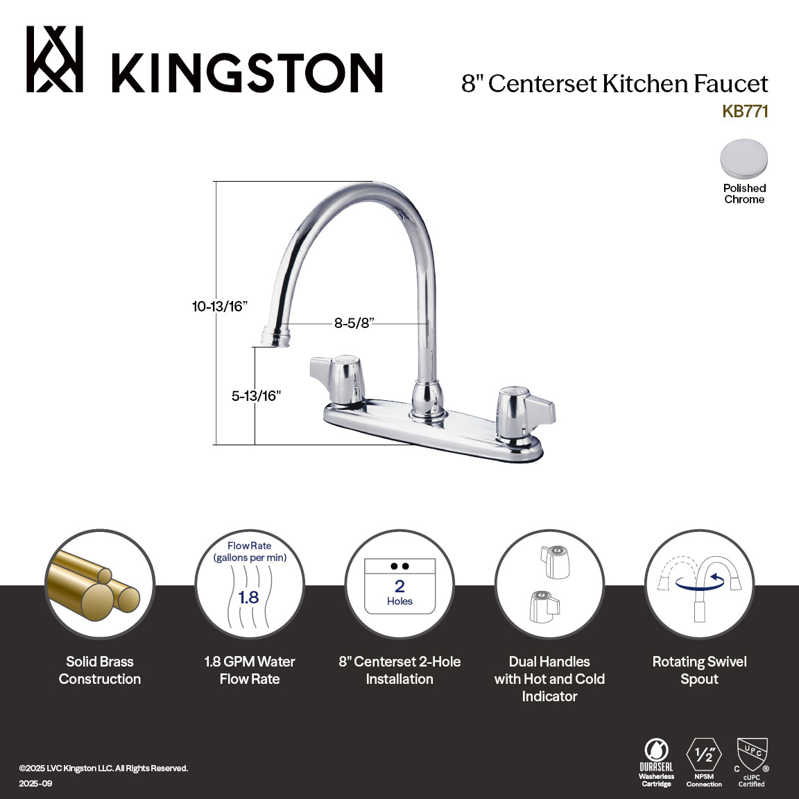 Kingston Tulare KB771Two-Handle 2-Hole 8" Centerset Kitchen Faucet, Polished Chrome — thumbnail 2