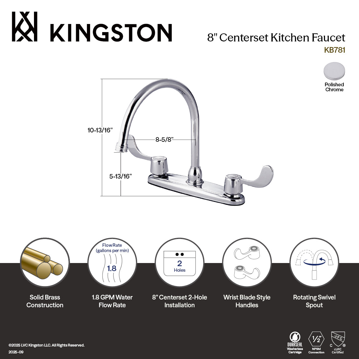 Kingston Vista KB781 Two-Handle 2-Hole 8" Centerset Kitchen Faucet, Polished Chrome — thumbnail 2