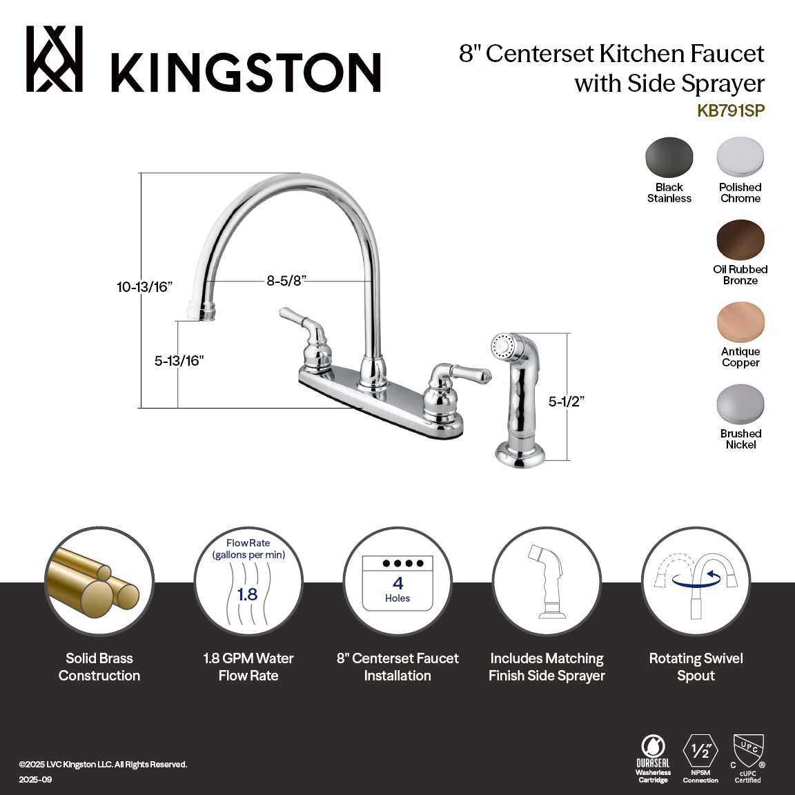 Kingston Tulare KB7900SP - Magellan Two-Handle 4-Hole 8" Centerset Kitchen Faucet with Side Sprayer, Black Stainless — thumbnail 2