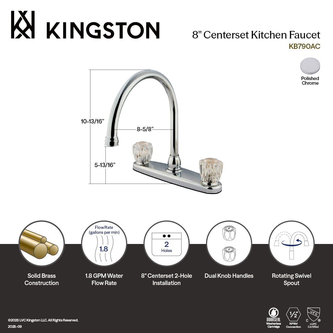 Kingston KB790AC Two-Handle 2-Hole 8" Centerset Kitchen Faucet, Polished Chrome — thumbnail 2