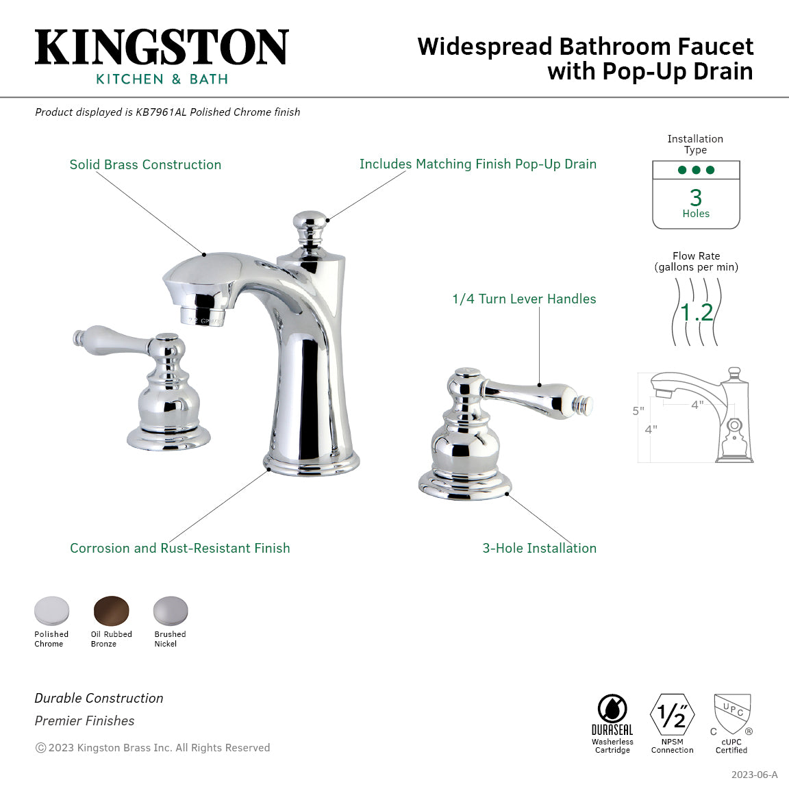 Kingston Tulare KB7961AL - Victorian Two-Handle 3-Hole Deck Mount Widespread Bathroom Faucet with Pop-Up Drain, Polished Chrome — thumbnail 2
