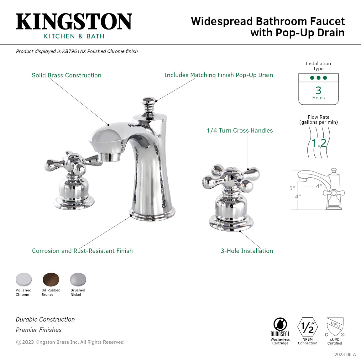 Kingston Tulare KB7961AX - Victorian Two-Handle 3-Hole Deck Mount Widespread Bathroom Faucet with Pop-Up Drain, Polished Chrome — thumbnail 3