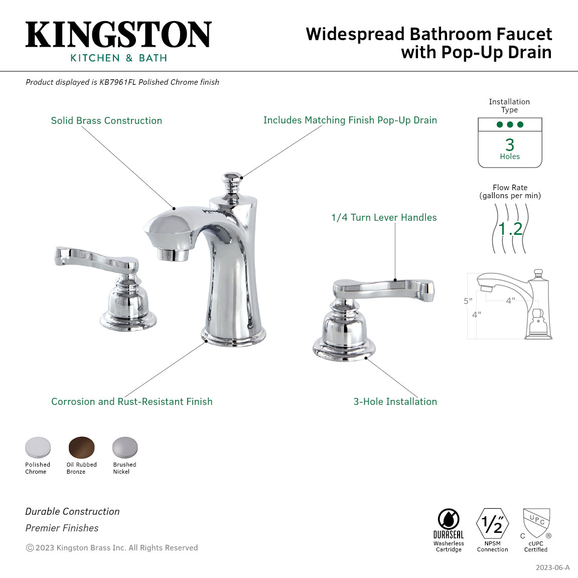 Kingston Tulare KB7961FL - Royale Two-Handle 3-Hole Deck Mount Widespread Bathroom Faucet with Pop-Up Drain, Polished Chrome — thumbnail 3