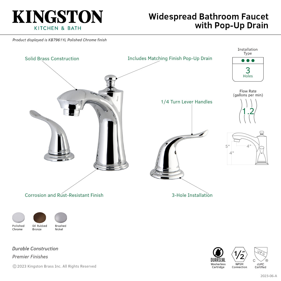 Kingston Tulare KB7961YL - Yosemite Two-Handle 3-Hole Deck Mount Widespread Bathroom Faucet with Pop-Up Drain, Polished Chrome — thumbnail 2