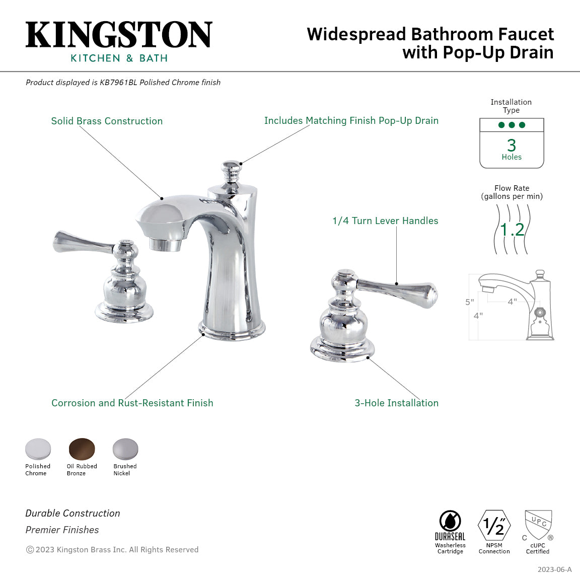 Kingston Tulare KB7968BL - Vintage Two-Handle 3-Hole Deck Mount Widespread Bathroom Faucet with Pop-Up Drain, Brushed Nickel — thumbnail 3