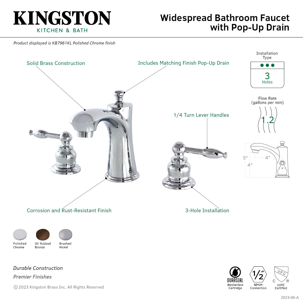 Kingston Tulare KB7968KL - Knight Two-Handle 3-Hole Deck Mount Widespread Bathroom Faucet with Pop-Up Drain, Brushed Nickel — thumbnail 3