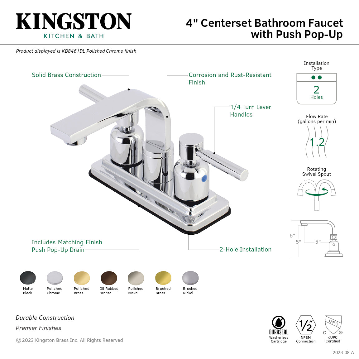 Kingston Sona KB8460DL - Concord Double-Handle 3-Hole Deck Mount 4-Inch Centerset Bathroom Faucet with Push-Up Pop-Up, Matte Black — thumbnail 3