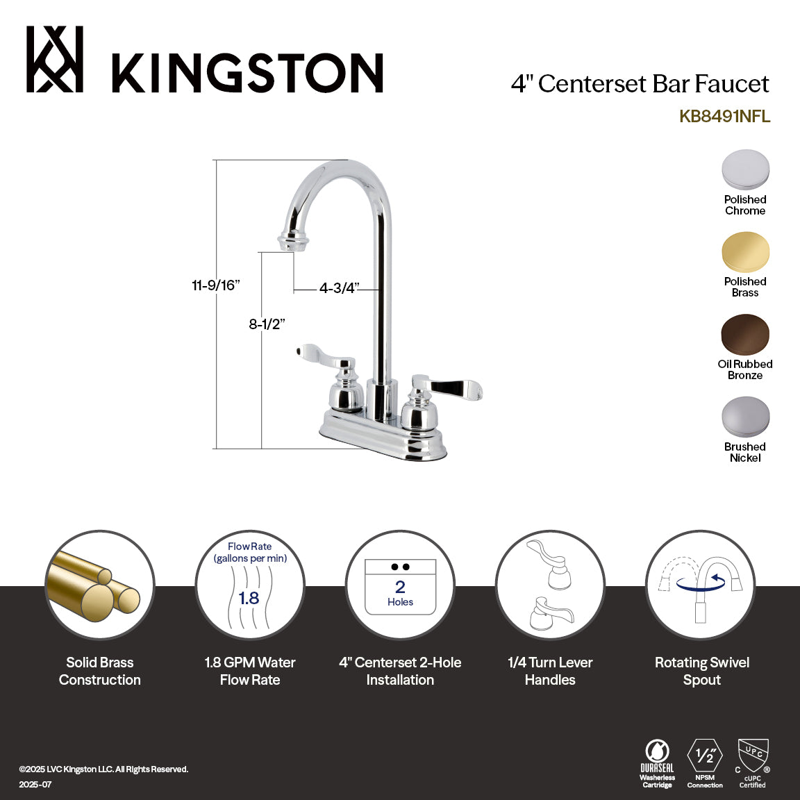 Kingston Tulare KB8492NFL - NuWave French Two-Handle 2-Hole Deck Mount Bar Faucet, Polished Brass — thumbnail 3