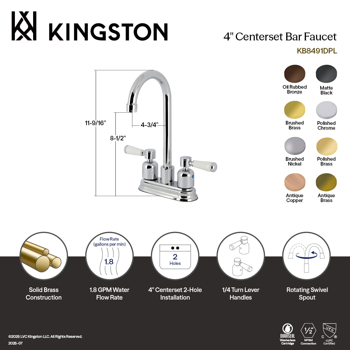 Kingston Tulare KB8497DPL - Paris Two-Handle 2-Hole Deck Mount Bar Faucet, Brushed Brass — thumbnail 3