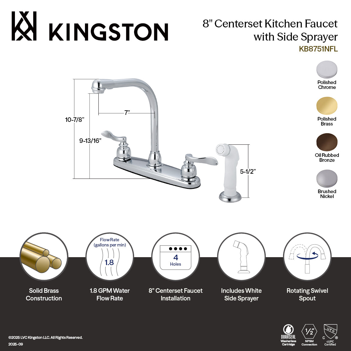 Kingston Tulare KB8751NFL - NuWave French Two-Handle 4-Hole 8" Centerset Kitchen Faucet with Side Sprayer, Polished Chrome — thumbnail 2
