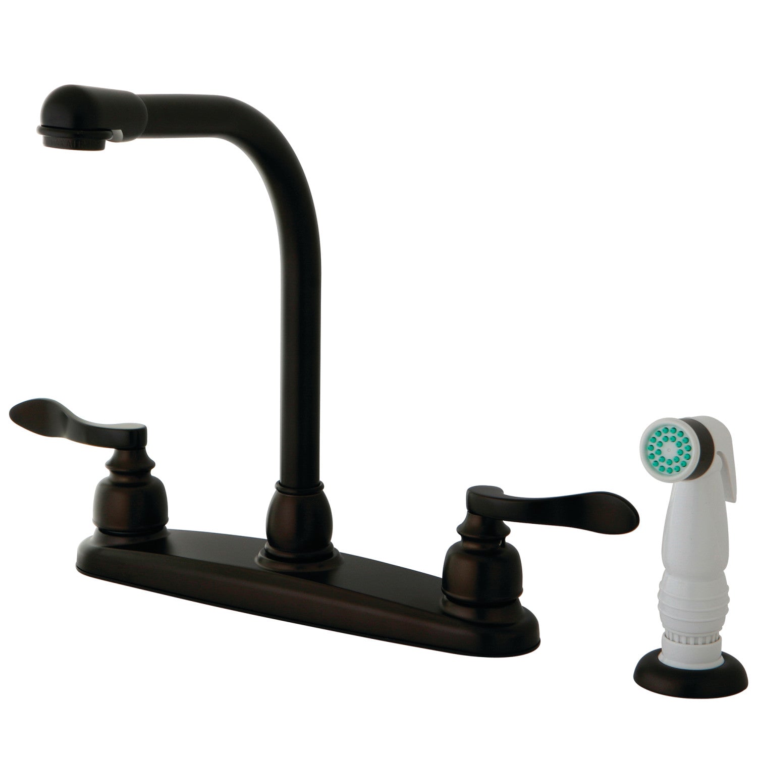 Kingston Tulare KB8755NFL - NuWave French Two-Handle 4-Hole 8" Centerset Kitchen Faucet with Side Sprayer, Oil Rubbed Bronze