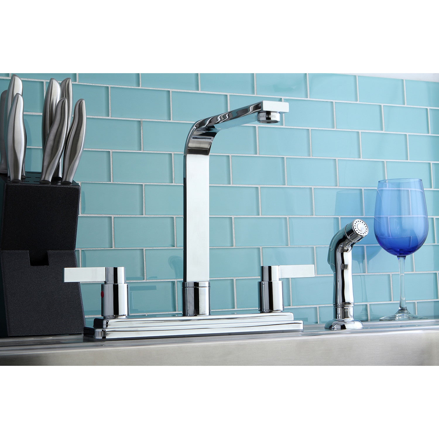 Kingston NuvoFusion KB8791NDLSP Two-Handle 4-Hole 8" Centerset Kitchen Faucet with Side Sprayer, Polished Chrome — thumbnail 2