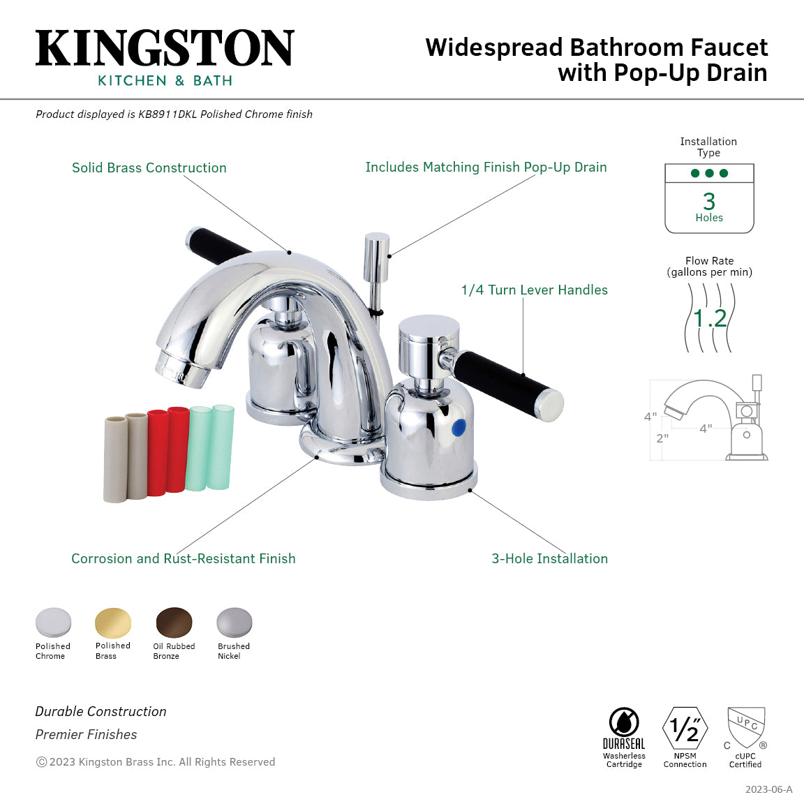 Kingston Tulare KB8915DKL - Kaiser Two-Handle 3-Hole Deck Mount Widespread Bathroom Faucet with Pop-Up Drain, Oil Rubbed Bronze — thumbnail 2