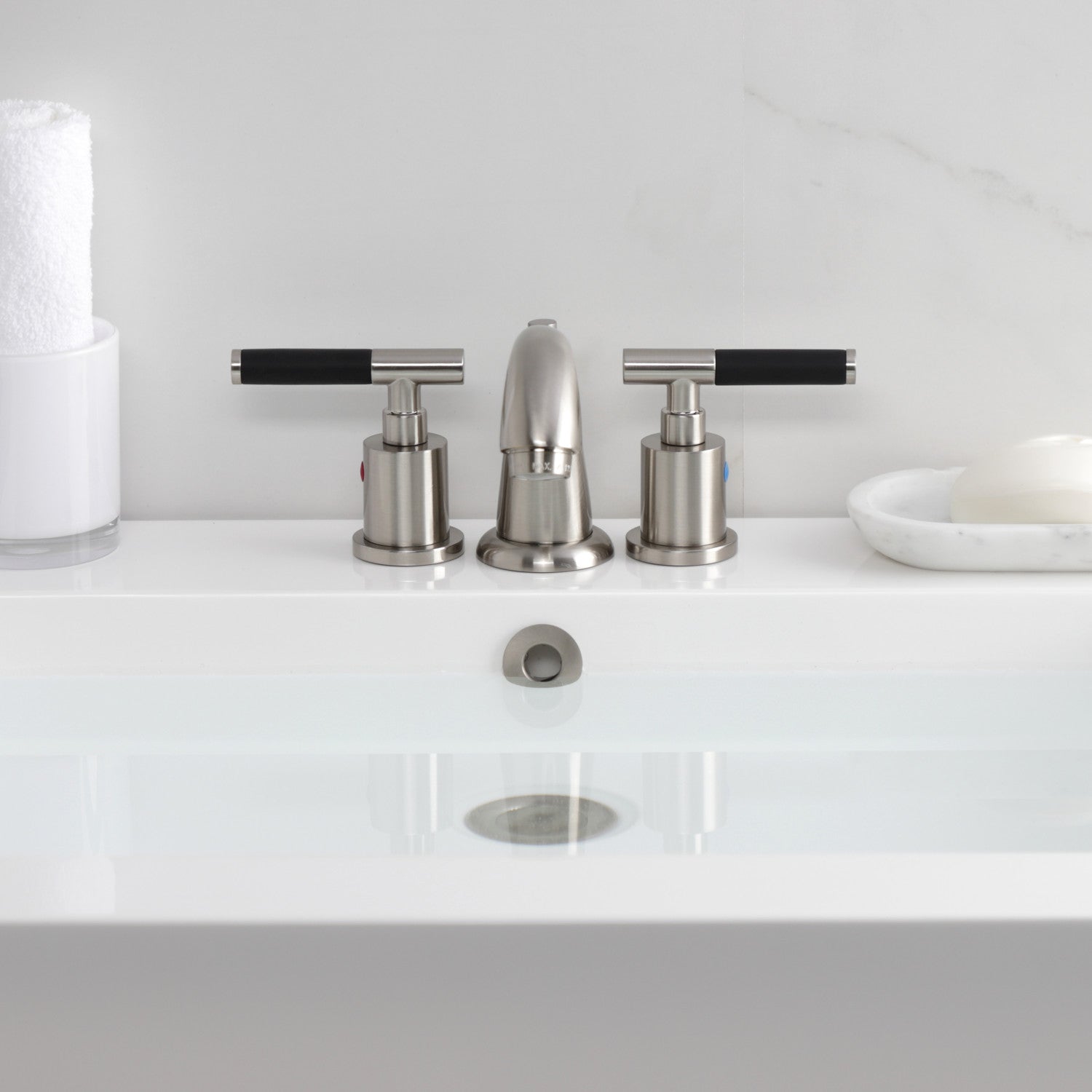 Kingston Tulare KB8918CKL - Kaiser Two-Handle 3-Hole Deck Mount Widespread Bathroom Faucet with Pop-Up Drain, Brushed Nickel — thumbnail 3