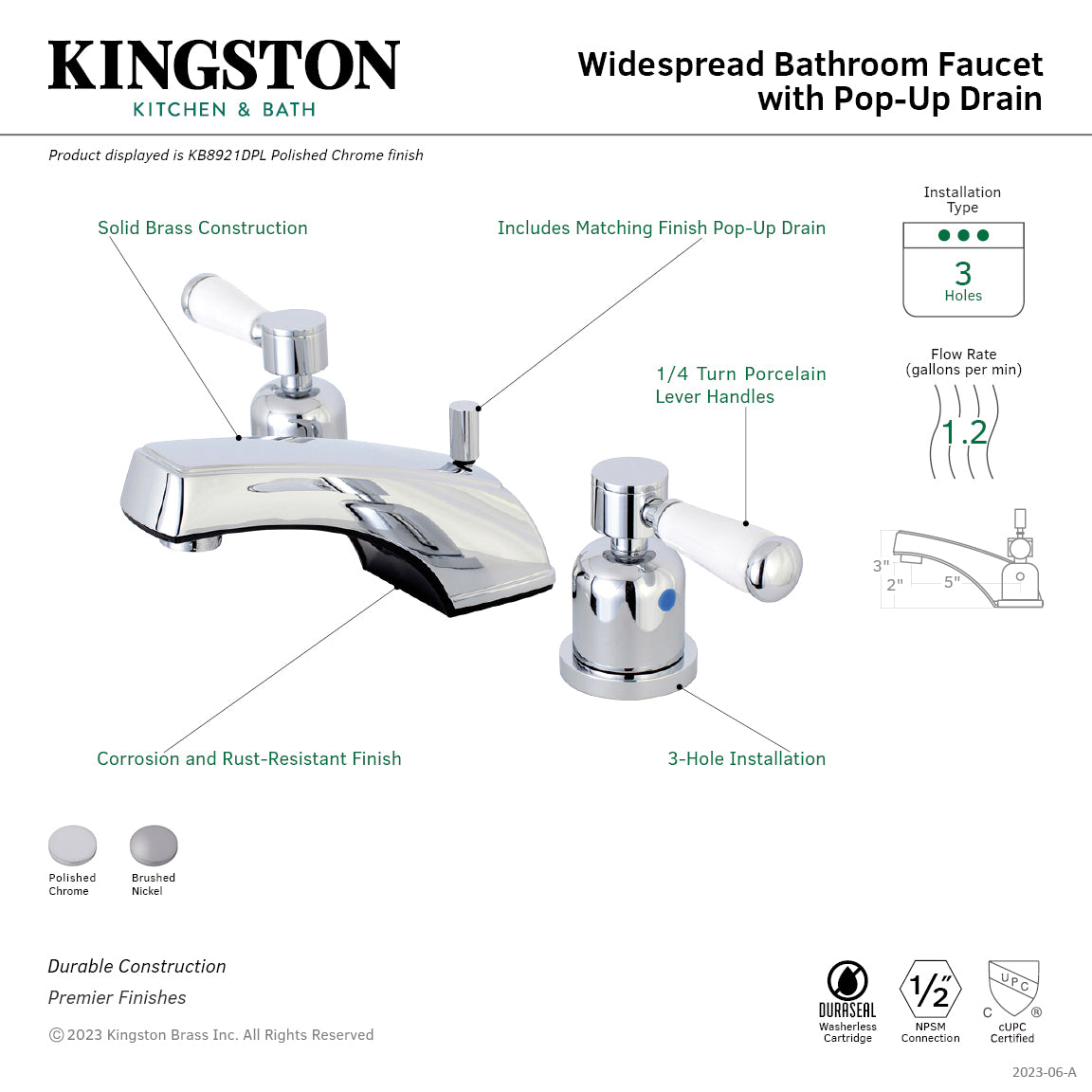 Kingston Tulare KB8928DPL - Paris Two-Handle 3-Hole Deck Mount Widespread Bathroom Faucet with Pop-Up Drain, Brushed Nickel — thumbnail 2