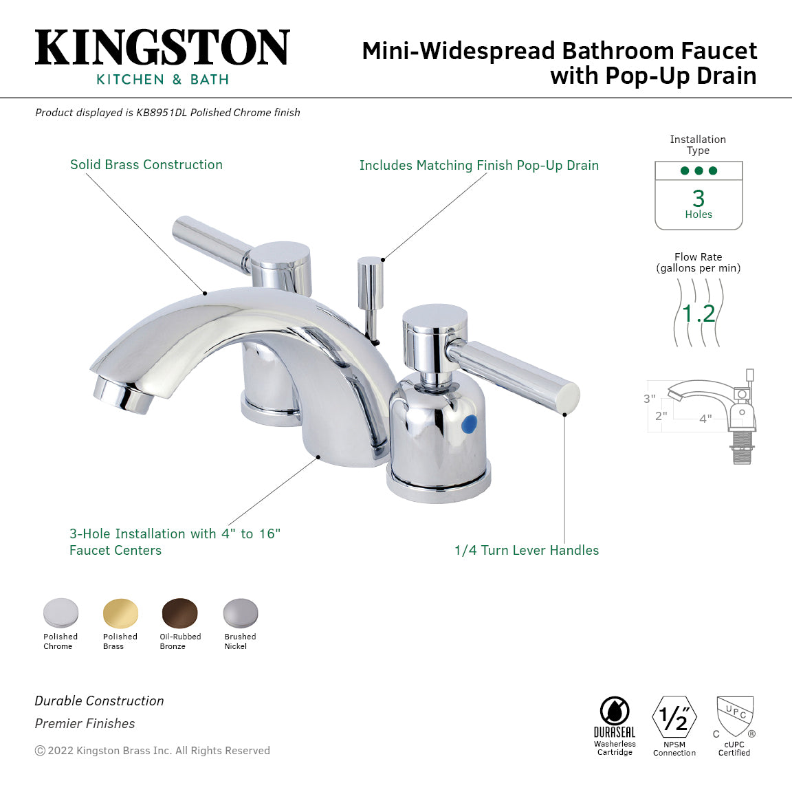 Kingston Tulare KB8952DL - Concord Two-Handle 3-Hole Deck Mount Mini-Widespread Bathroom Faucet with Pop-Up Drain, Polished Brass — thumbnail 3