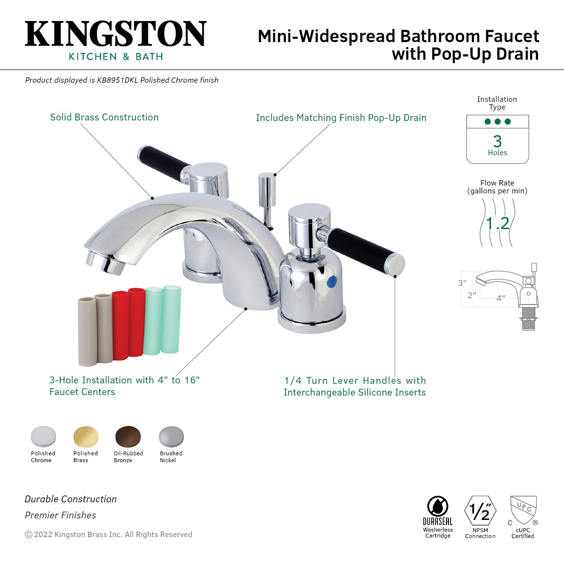 Kingston Tulare KB8958DKL - Kaiser Two-Handle 3-Hole Deck Mount Mini-Widespread Bathroom Faucet with Pop-Up Drain, Brushed Nickel — thumbnail 3