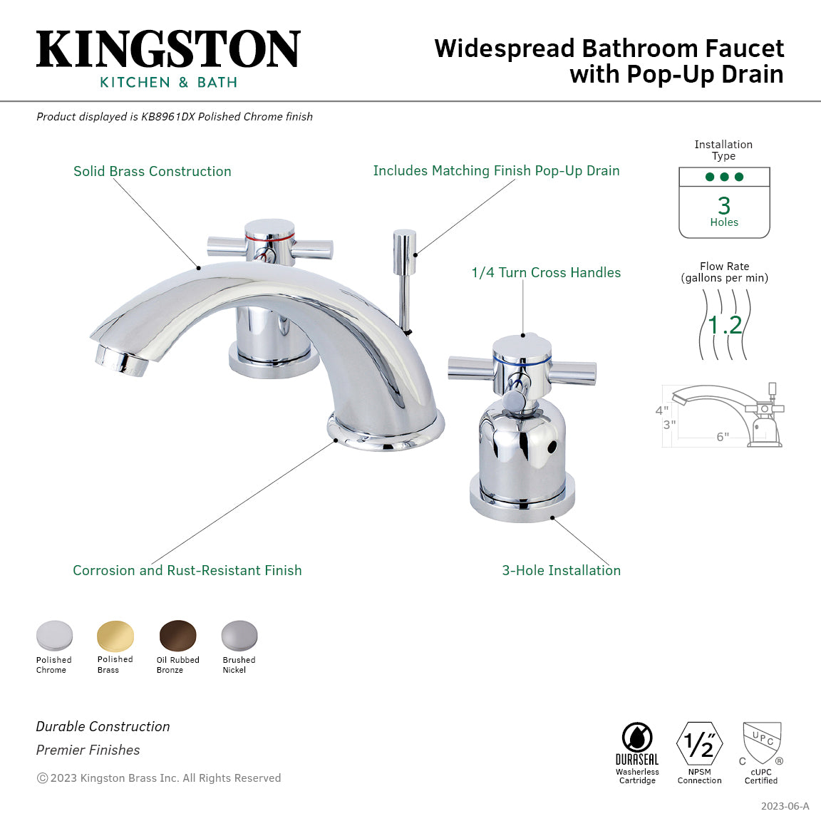 Kingston Tulare KB8962DX - Concord Two-Handle 3-Hole Deck Mount Widespread Bathroom Faucet with Pop-Up Drain, Polished Brass — thumbnail 2