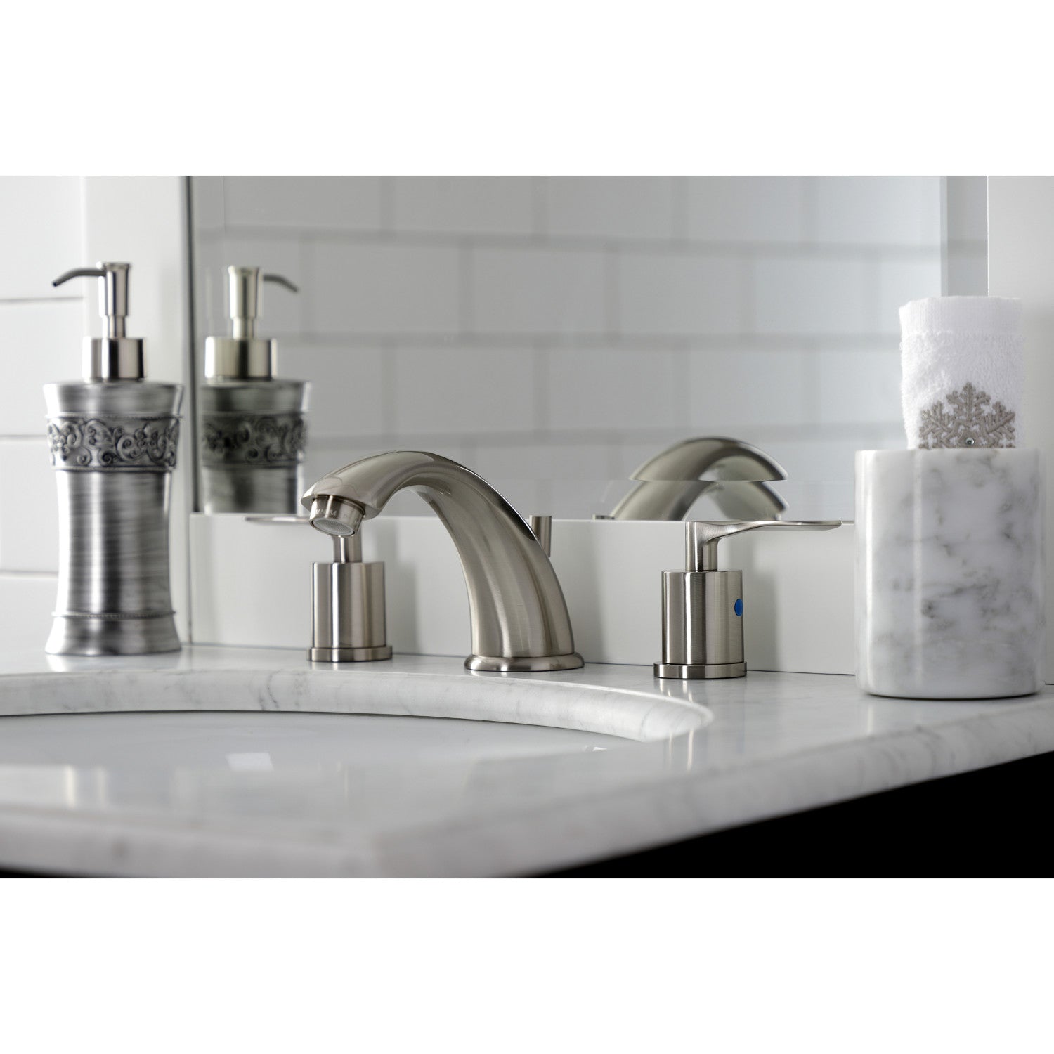 Kingston Tulare KB8968SVL - Serena Two-Handle 3-Hole Deck Mount Widespread Bathroom Faucet with Pop-Up Drain, Brushed Nickel — thumbnail 3