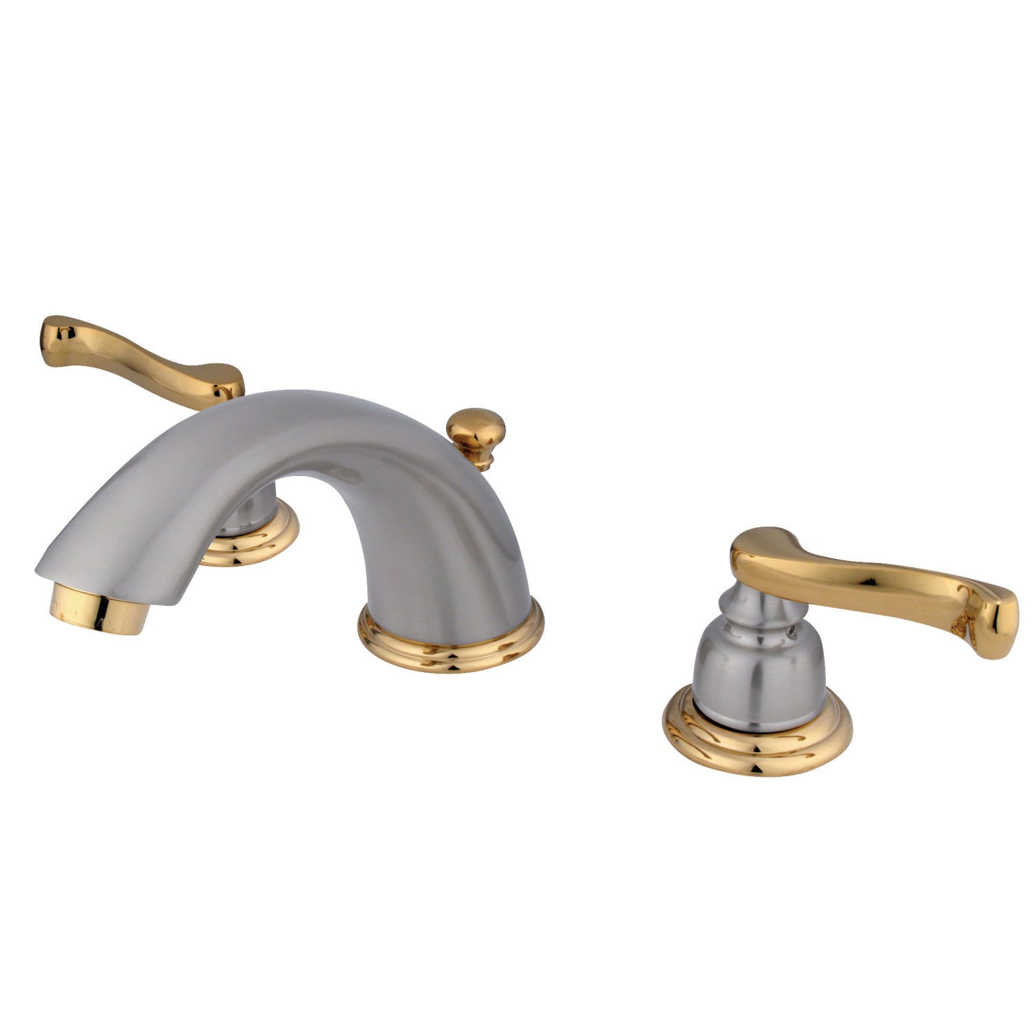 Kingston Tulare KB8969FL - Royale Two-Handle 3-Hole Deck Mount Widespread Bathroom Faucet with Pop-Up Drain, Brushed Nickel/Polished Brass