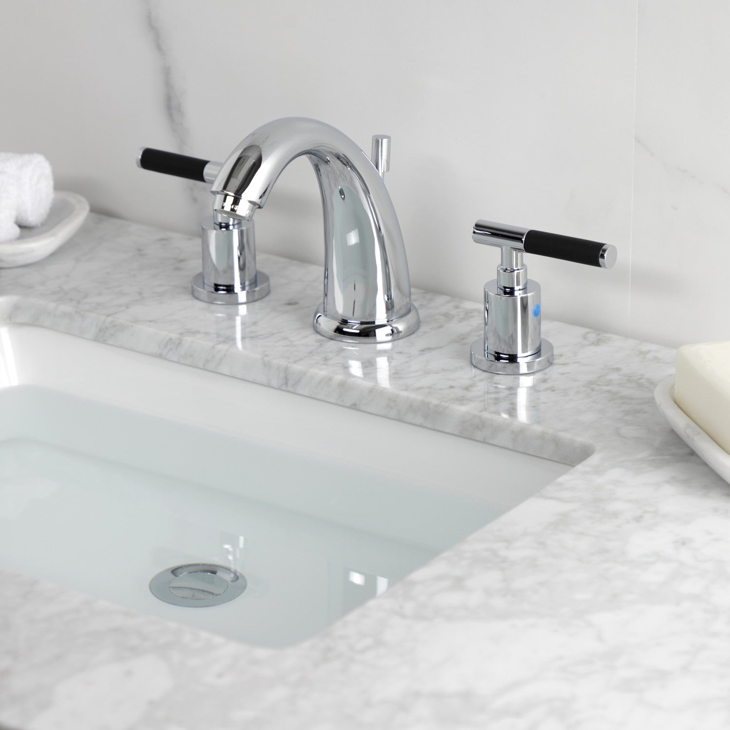 Kingston Tulare KB8981CKL - Kaiser Two-Handle 3-Hole Deck Mount Widespread Bathroom Faucet with Pop-Up Drain, Polished Chrome — thumbnail 2